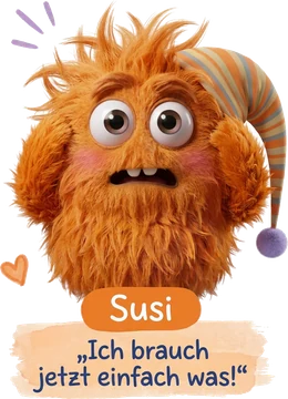 Heißhunger-Monster Susi, das Stress-Monster, greift sich an den Kopf